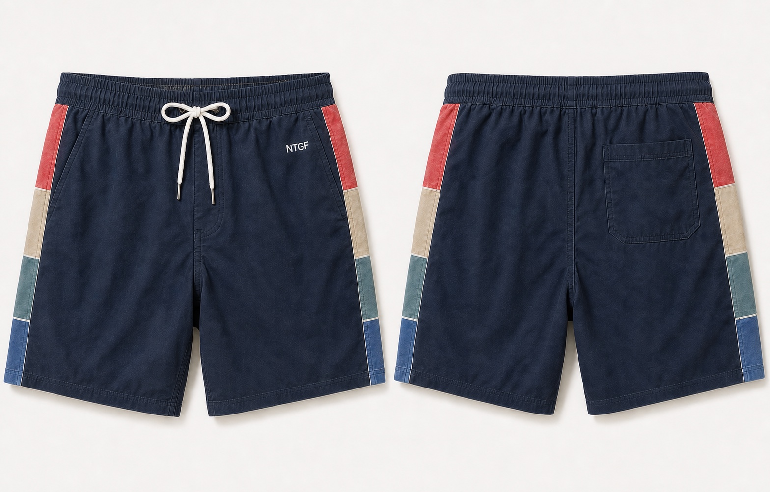 AI-generated navy board shorts concept with multicolor side panels for OEM construction discussion