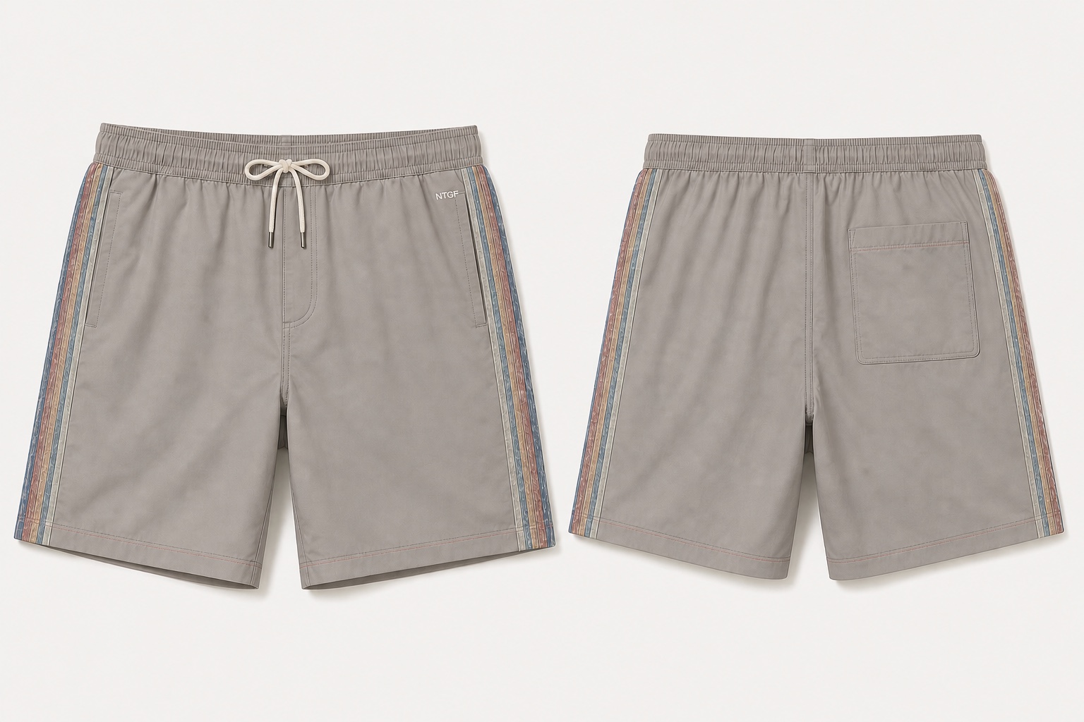 AI-generated grey board shorts concept with decorative side tape for private-label development