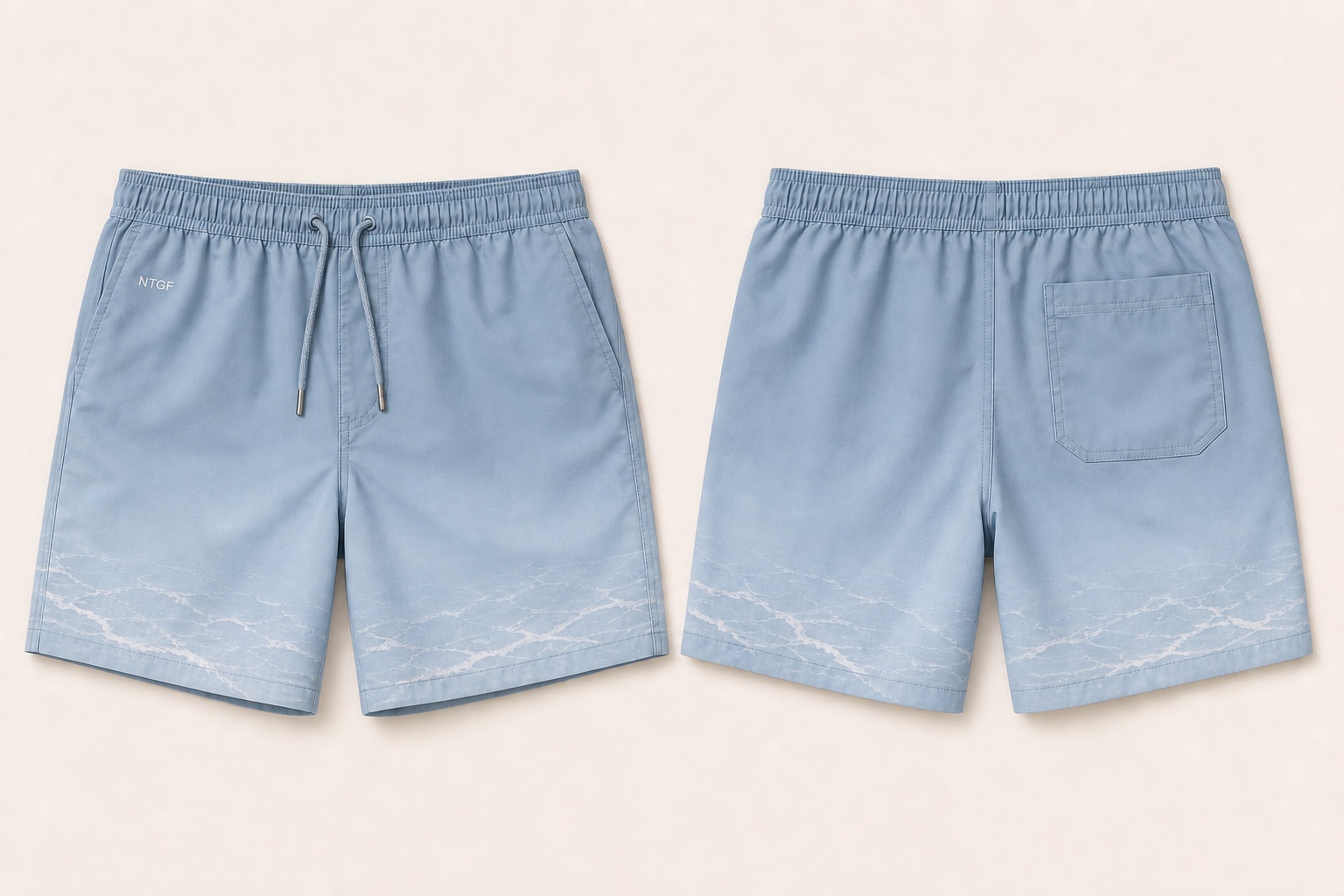 AI-generated light blue board shorts concept with an engineered lower-leg print