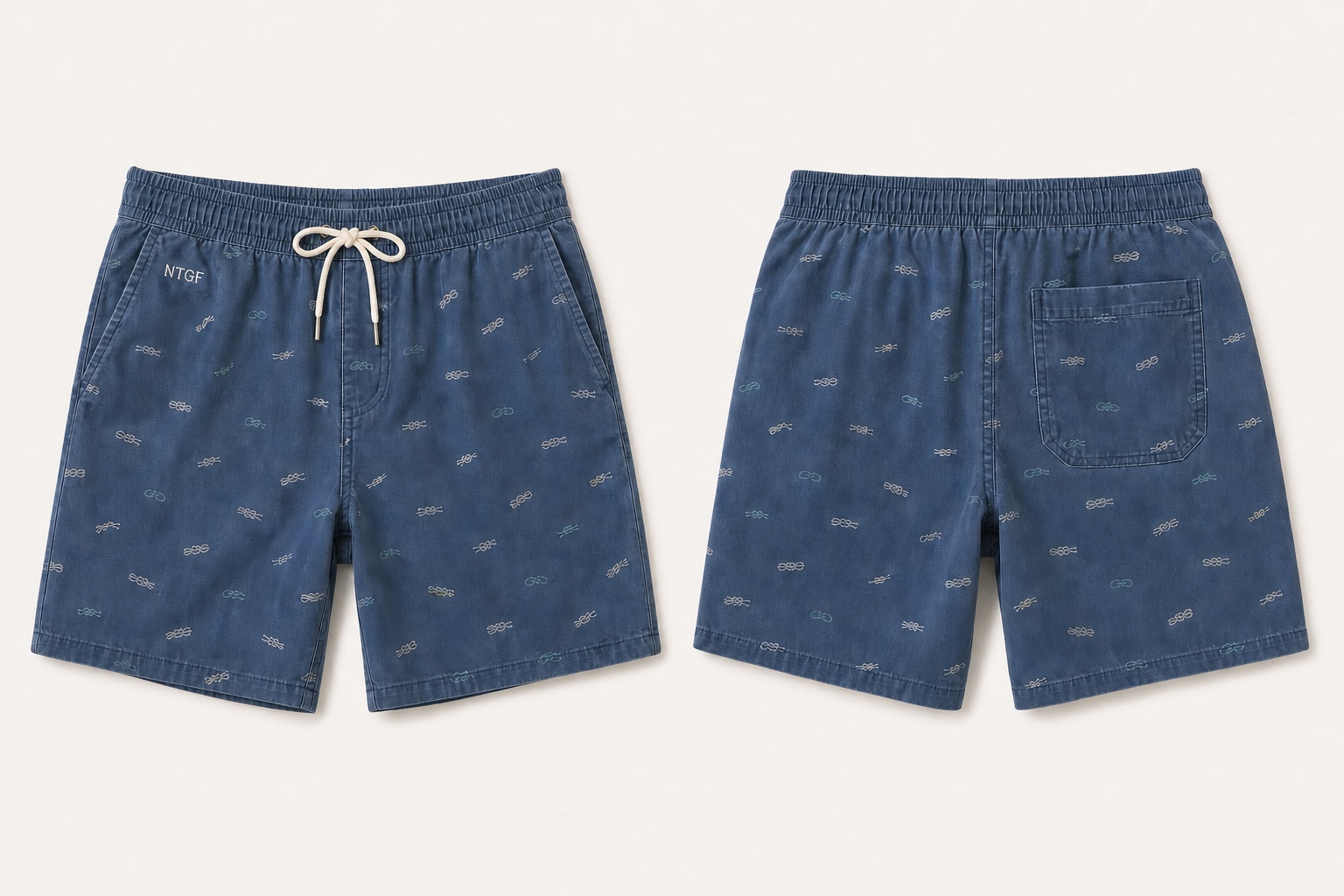 AI-generated blue board shorts concept with a small repeat print for OEM and ODM discussion