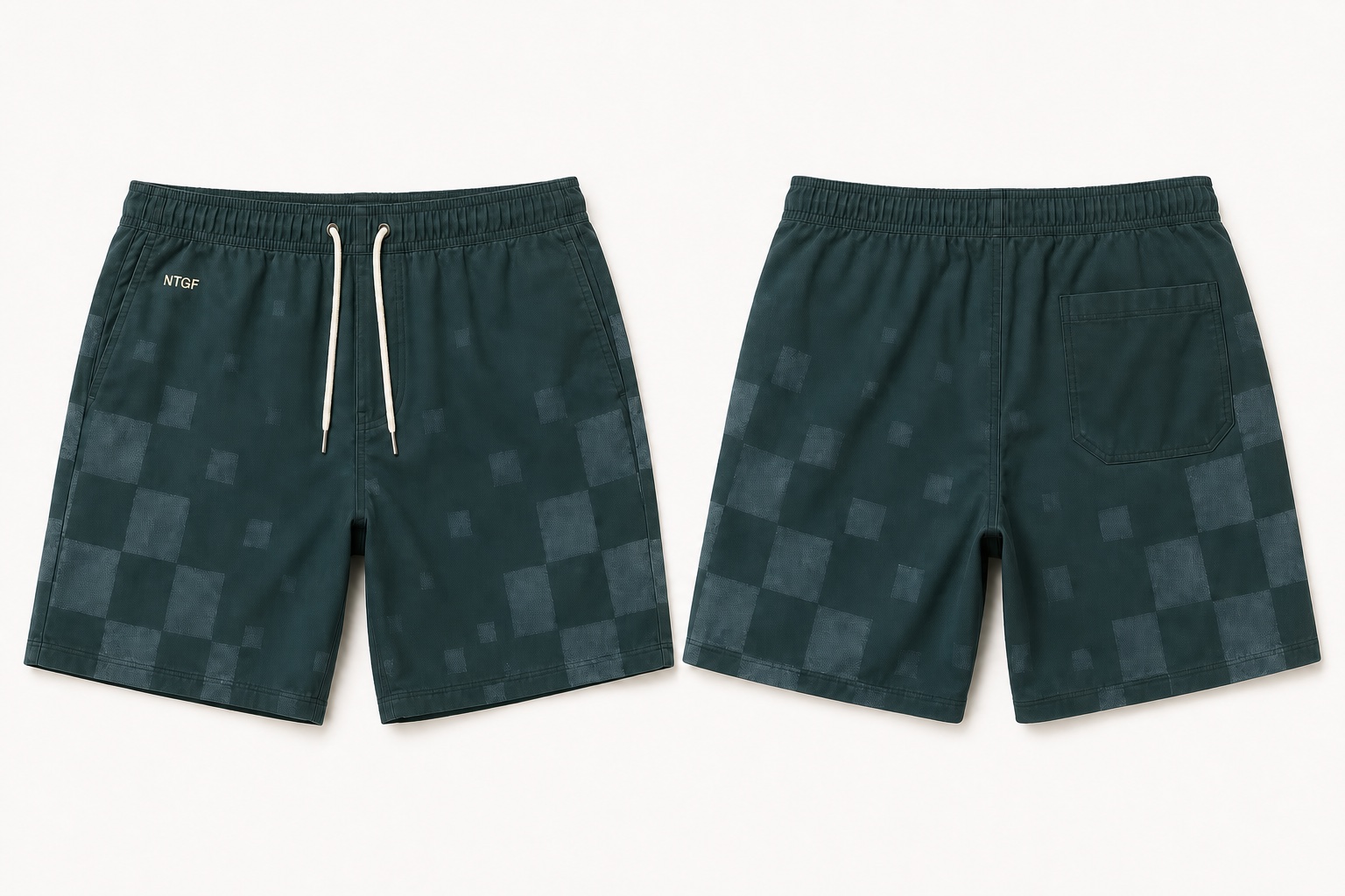 AI-generated dark green board shorts concept with a tonal large-scale repeat print