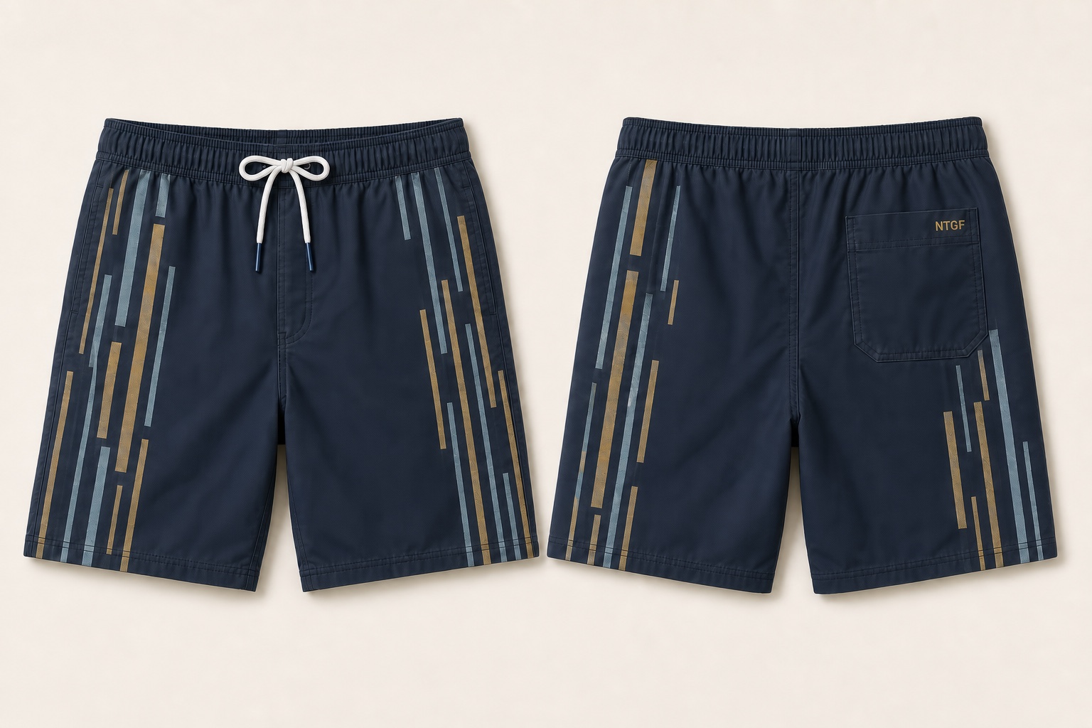 AI-generated navy board shorts concept with vertical placement graphics shown on front and back