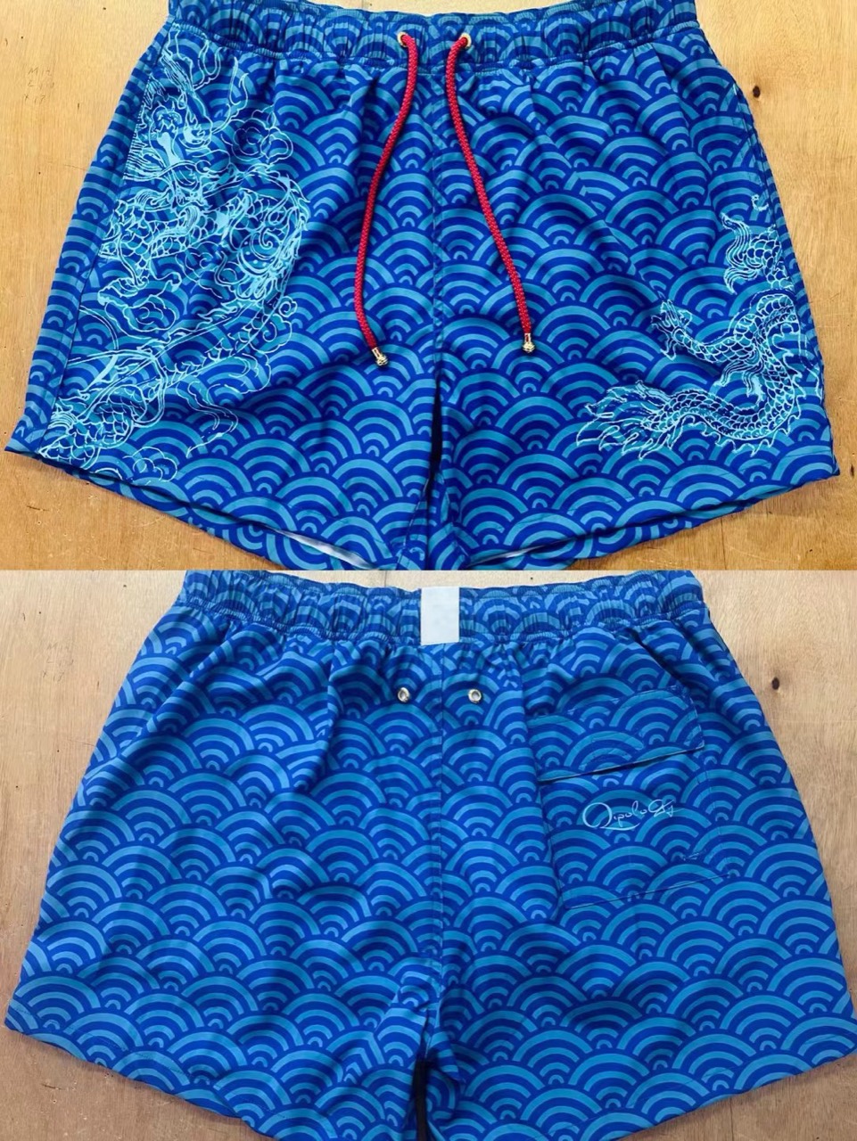 Front and back board shorts sample used to illustrate custom product review