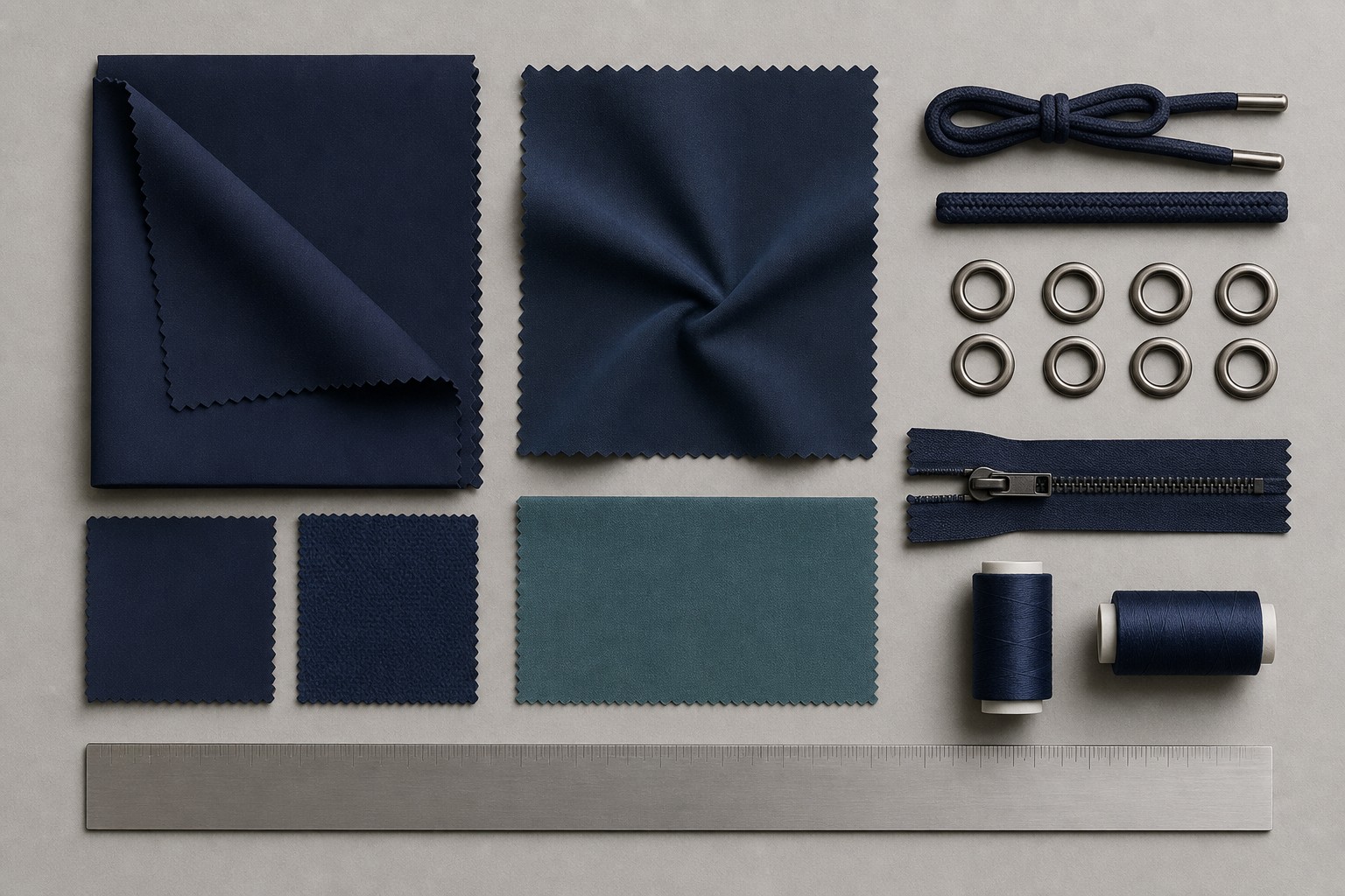 Generic editorial illustration of unbranded fabric and trim sourcing