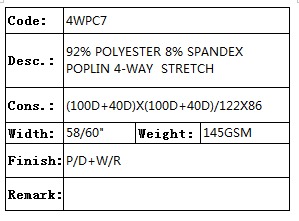 Privacy-reviewed specification reference for polyester and spandex four-way-stretch poplin