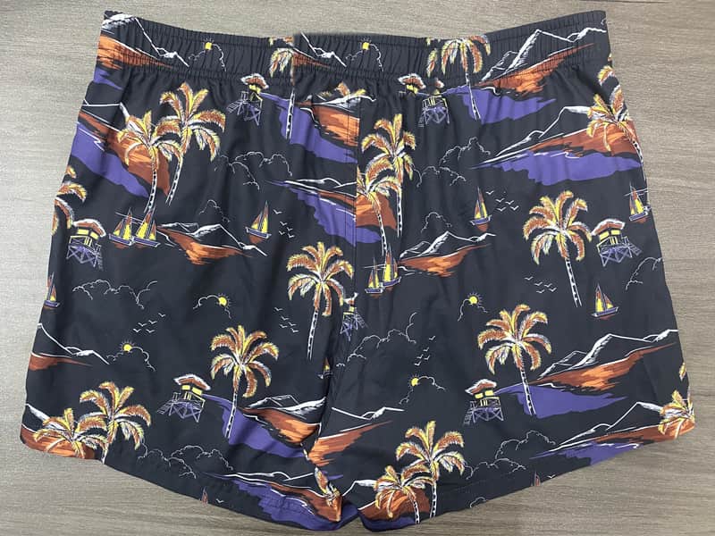 Back view of dark scenic print swim shorts